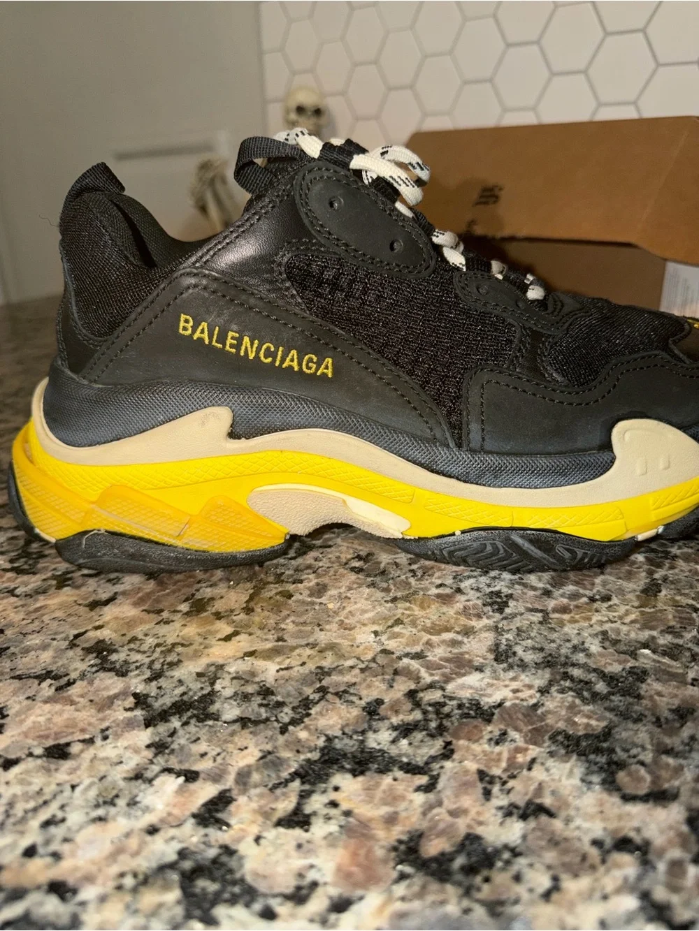 Balenciaga Triple S Black with Yellow Accent Sneakers